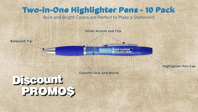 DISCOUNT PROMOS Personalized Two in one Highlighter Pens - 10 pack - Plastic Pens - Customizable Text, Logo - Blue