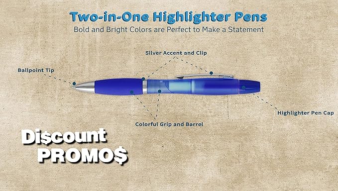 DISCOUNT PROMOS Two in one Highlighter Pens - 10 pack - Plastic Pens - Blue