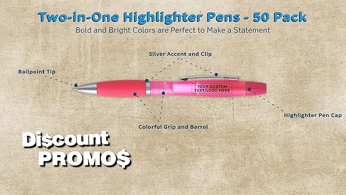 DISCOUNT PROMOS Personalized Two in one Highlighter Pens - 50 pack - Plastic Pens - Customizable Text, Logo - Pink