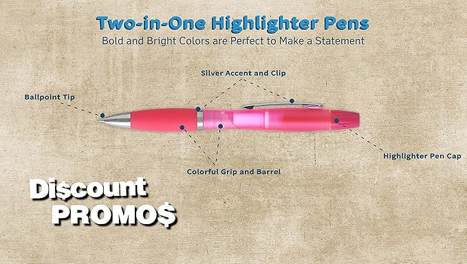 DISCOUNT PROMOS 10 Two in one Highlighter Pens Pack - Ballpoint, Silver Accents - Pink