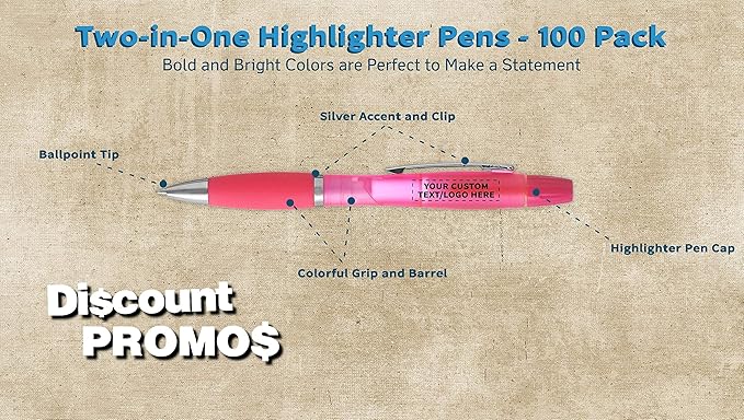 DISCOUNT PROMOS Personalized Two in one Highlighter Pens - 100 pack - Plastic Pens - Customizable Text, Logo - Pink