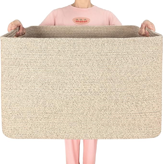MINTWOOD Design 112L Extra Large Blanket Basket Holder Living Room, 25"x17"x16" Rectangle Rope Woven Storage Basket with Handles for Laundry, Towels, Shoes, Dog Toy Organizer Bin Box, Oatmeal Brown