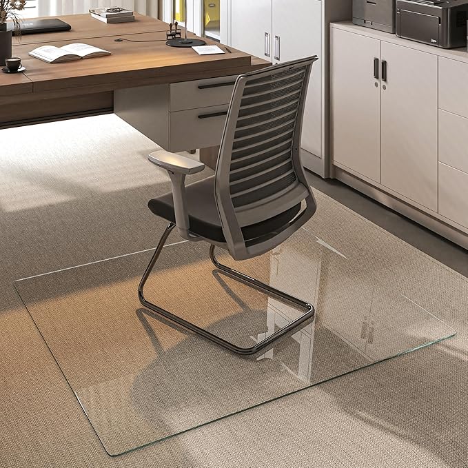 [Tempered Glass] 55“x48” Rounded Glass Chair Mat with Polished Edge Clear Office Chair Mat, Glides Smoothly, Suitable for Carpet or Hardwood Floors