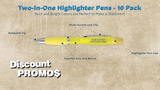 DISCOUNT PROMOS Personalized Two in one Highlighter Pens - 10 pack - Plastic Pens - Customizable Text, Logo - Yellow