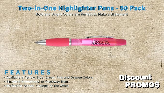 DISCOUNT PROMOS Personalized Two in one Highlighter Pens - 50 pack - Plastic Pens - Customizable Text, Logo - Pink