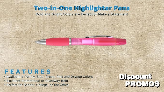 DISCOUNT PROMOS 10 Two in one Highlighter Pens Pack - Ballpoint, Silver Accents - Pink
