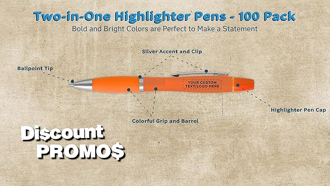 DISCOUNT PROMOS Personalized Two in one Highlighter Pens - 100 pack - Plastic Pens - Customizable Text, Logo - Orange