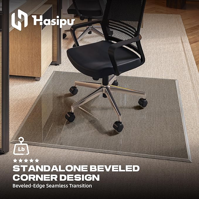 [Tempered Glass] 50“x44” Beveled Edge Glass Chair Mat with Polished Edge Clear Office Chair Mat, Glides Smoothly, Suitable for Carpet or Hardwood Floors (Grey)