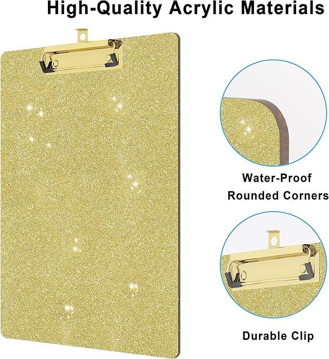 Glitter Acrylic Clipboard Decorative Standard A4 Letter Size 12.2" x 8.7", Fashion Bling Clip Boards with Designed Low Profile Gold Clip for Classroom Office - Gold