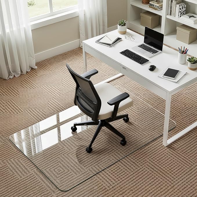 Homsion 28"x48" Tempered Glass Office Chair Mat for Carpet & Hardwood Floor, 1/6" Thick Clear Floor Protector Desk Chair Mat with Rounded and Polished Edges
