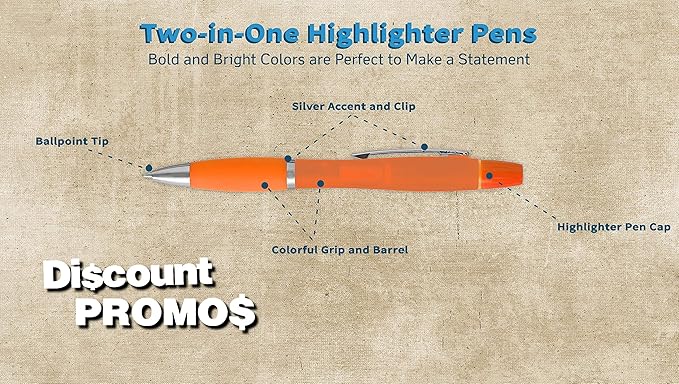 DISCOUNT PROMOS 10 Two in one Highlighter Pens Pack - Ballpoint, Silver Accents - Orange
