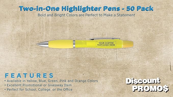 DISCOUNT PROMOS Personalized Two in one Highlighter Pens - 50 pack - Plastic Pens - Customizable Text, Logo - Yellow