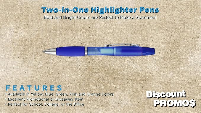 DISCOUNT PROMOS Two in one Highlighter Pens - 10 pack - Plastic Pens - Blue