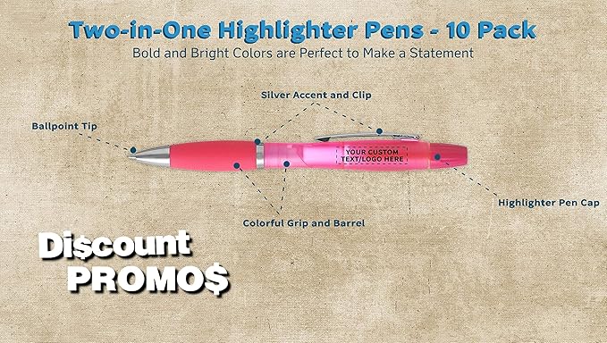 DISCOUNT PROMOS Personalized Two in one Highlighter Pens - 10 pack - Plastic Pens - Customizable Text, Logo - Pink