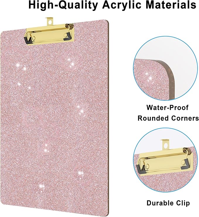 Glitter Acrylic Clipboard Decorative Standard A4 Letter Size 12.2" x 8.7", Fashion Bling Clip Boards with Designed Low Profile Gold Clip for Classroom Office - Rose Gold