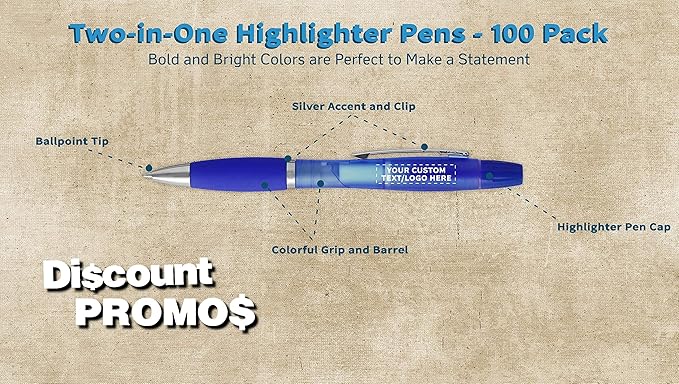 DISCOUNT PROMOS Personalized Two in one Highlighter Pens - 100 pack - Plastic Pens - Customizable Text, Logo - Blue