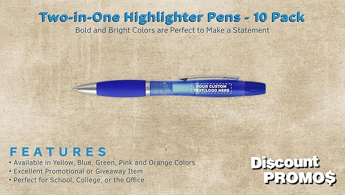 DISCOUNT PROMOS Personalized Two in one Highlighter Pens - 10 pack - Plastic Pens - Customizable Text, Logo - Blue