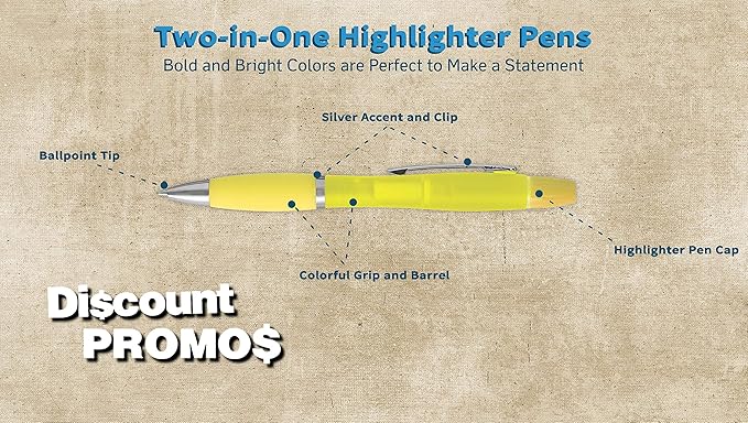 DISCOUNT PROMOS 10 Two in one Highlighter Pens Pack - Ballpoint, Silver Accents - Yellow