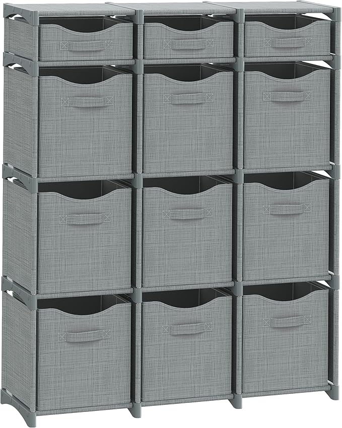 12 Cube Closet Organizers And Storage | Includes All Storage Cube Bins | Easy To Assemble Closet Storage Unit With Drawers | Room Organizer For Clothes, Baby Closet Bedroom, Playroom, Dorm (Grey)