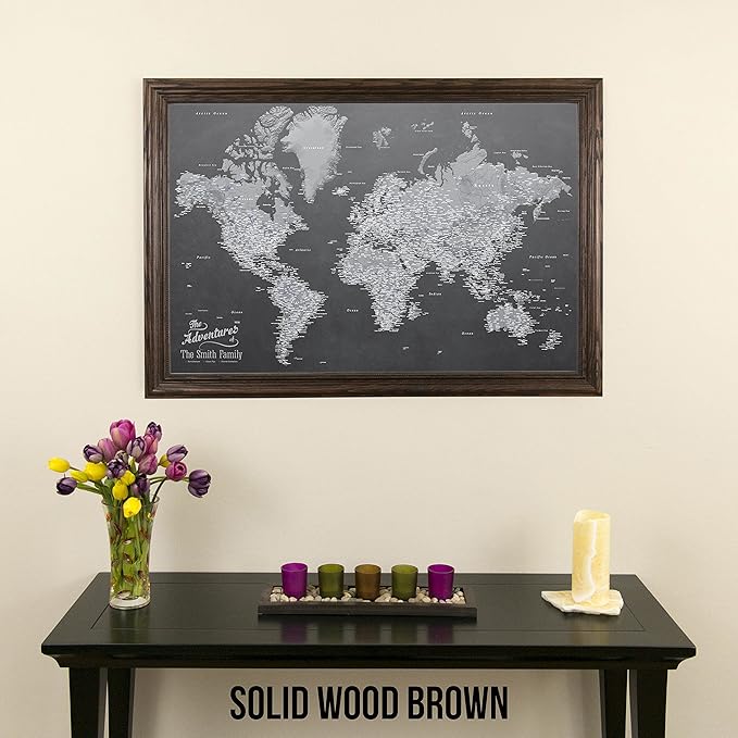 Canvas - Personalized Stormy Dreams World Push Pin Travel Map with Solid Wood Brown Frame