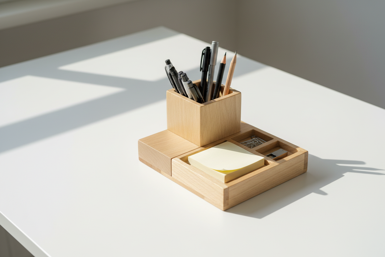 Minimalist Desk Organizer
Keep your workspace clutter-free with this sleek organizer. Designed for functionality and style, it holds pens, sticky notes, and accessories while maintaining a clean, modern look. (make it real photo)