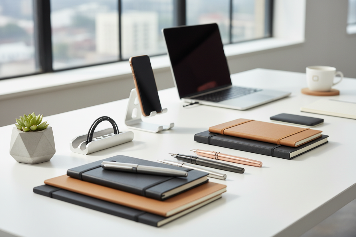 Nick1 offers modern, high-quality office supplies designed for productivity and style. From sleek pens and notebooks to ergonomic desk accessories, every product is carefully selected to keep your workspace organized, efficient, and inspiring. Work smarter with Nick1. (make it real photo)